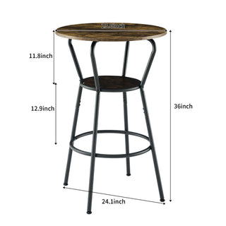 Rustic Brown Round Bar Table And Stool Set With Shelf, Upholstered Stool With Backrest - Antique Brown
