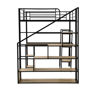 Full Size Loft Bed With Staircase, Built In Desk And Shelves And Sleeping Surface - Black