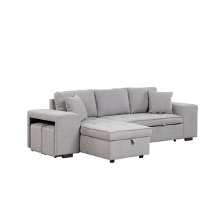 Modern L-Shape 3 Seat Reversible Sectional Couch, Pull Out Sleeper Sofa With Storage Chaise And 2 Stools For Living Room Furniture Set