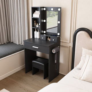Vanity Table With Mirror, Adjustable LED Lights, Power Outlet, Hairdryer Holder & Stool