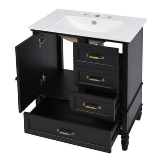 30" Bathroom Vanity With Sink, 3 Drawers, Adjustable Feet