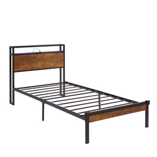 Twin Size Platform Bed Frame, LED Lights With Remote Control, USB Charging Port, Large Under Bed Storage - Black / Brown