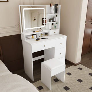 Vanity Desk With Mirror, 3 Color Lighting And Stool