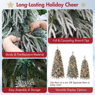 Snowy Cascading Christmas Trees 3 Piece Set With Warm LED Lighting, Flocked Weeping Branches, Multi Level Indoor Decor - Green