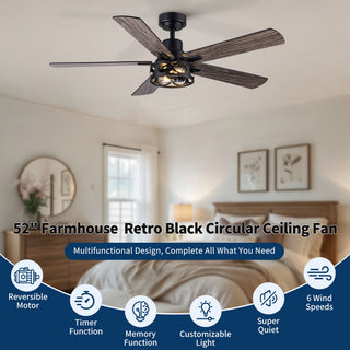 Ceiling Fan With Light, Dual‑Sided Matte Black & Wood Grain Blades - Black