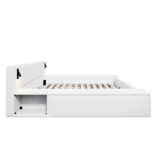 Upholstered Platform Bed Frame With Hidden Storage, Built-In Nightstands & LED Reading Lights
