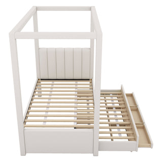 Upholstery Canopy Platform Bed With Trundle And Three Storage Drawers