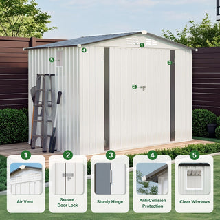 Outdoor Garden Storage Shed, Tool Shed With Pitched Roof Waterproof With 1 Window And 2 Lockable Door - White / Gray