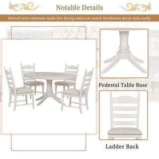 Trexm 5-Piece Retro Functional Dining Table Set Wood Round Extendable Dining Table And 4 Upholstered Dining Chairs (Antique White)