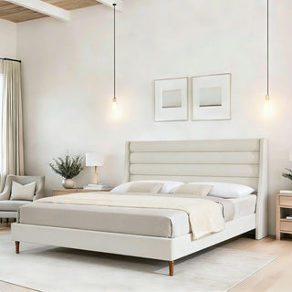 Modern Upholstered Platform Bed With Wave Shaped Headboard