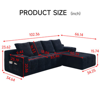 L - Shaped Sectional Sofa With Side Pockets, Wireless Charging, USB Ports, Cup Holder, Bluetooth Speaker, Reversible Lounge Chaise - Black