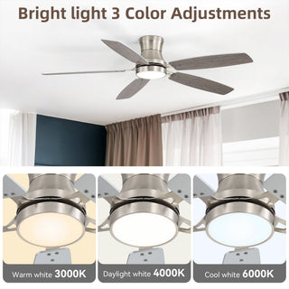 52" Flush Mount Ceiling Fan With Light, DC Motor, Remote Control, Dual Color