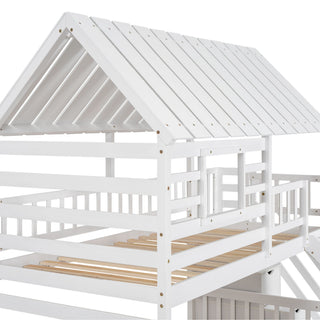 House Bunk Bed With Trundle, Storage Staircase, Roof And Window Design
