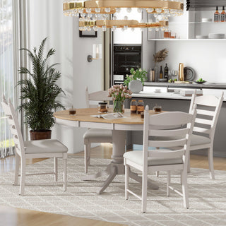 Trexm 5-Piece Retro Functional Dining Table Set Wood Round Extendable Dining Table And 4 Upholstered Dining Chairs (Off White)