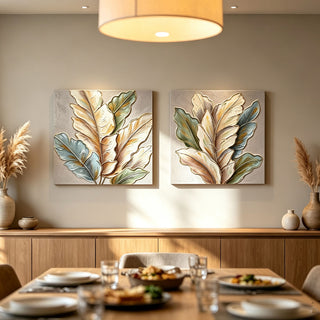 Botanical Leaf Wall Art, Textured Canvas Painting With Accents, Framed Decor For Living Room (Set of 2) - Green Leaf