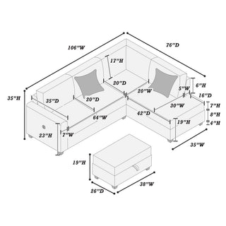 Modern Style Sectional Set With USB Port, Storage Ottoman