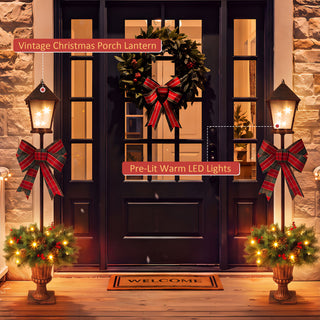 Christmas Lamp Post Decor With Plaid Bow, Artificial Outdoor Holiday Decor (Set of 2) - Brown / Bronze / Green