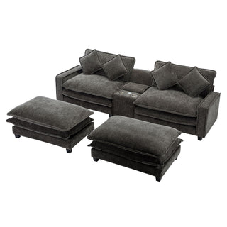 Sectional Sofa Upholstered Sofa With Two Removable Ottoman, Two USB Ports, Two Cup Holders And Large Storage Box For Living Room