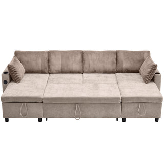 Sectional Sofa Bed With Pull Out Sleeper, USB Ports, Cup Holders