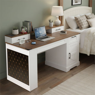 Office Desk With Storage Cabinet, Charging Station, Monitor Stand & Pegboard