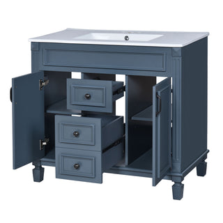 36" Bathroom Vanity With Top Sink, Basin On Cabinet With 2 Soft Closing Doors And 2 Drawers - Blue