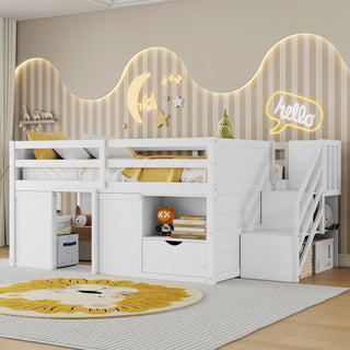 Low Loft Bed Frame With Built In Stairs, Storage Drawer, Shelf And 7 Color LED Light