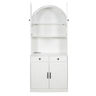 Tall Arched Pantry Cabinet With Charging Station, Adjustable Shelves, Coffee Bar