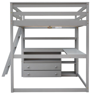 Modern Loft Bed With Built In Desk, Shelves, And 2 Drawers