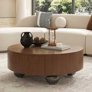 Drum Shaped Coffee Table With Hidden Storage Drawer, Low Profile For Living Room - Walnut