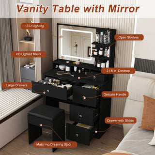 Vanity Desk With Mirror, 3 Color Lighting And Stool