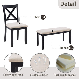6 Piece Dining Table Set With Bench - Beige / Black / Oak