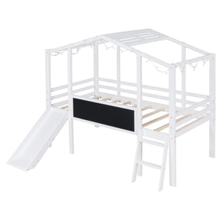 Loft House Bed With Ladder And Slide, With board And Light Strip On The Roof