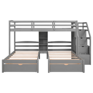 Twin Over Twin & Twin Bunk Bed With Drawers, Staircase Storage, Built In Shelves - Gray