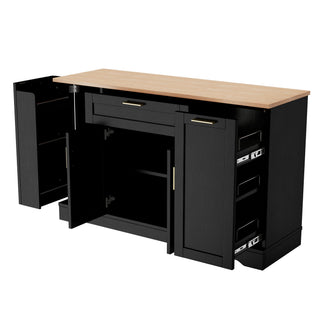 Trexm Multi-Functional Storage Sideboard, Extendable Dining Table, Adjustable Shelves, 3-Tier Pull-Out Rack, Kitchen Island Storage For Kitchen, Dining Room, Living Room (Black)