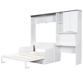 Multi Functional Murphy Bed With Sofa, Desk, And Storage Cabinet In, Full Size - White