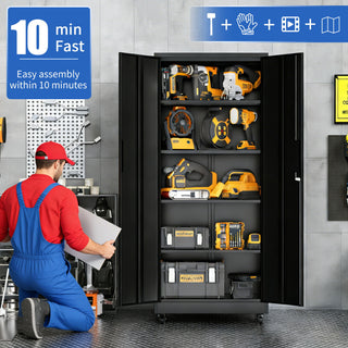 Storage Cabinet With Wheels And Lock, 4 Adjustable Shelves, 3 Point Locking Security, For Tool Organization In Garage - Black