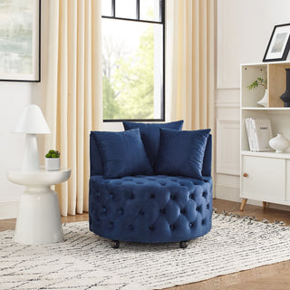 Modern Upholstered Swivel Chair With Button Tufted Design And Movable Wheels