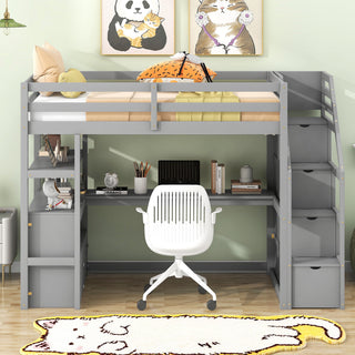 Loft Bed With Desk, Shelves, 2 Drawers, Storage Staircase