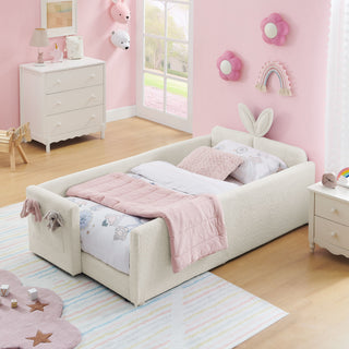 Cute Rabbit Ear Upholstered Platform Bed Frame With Safety Rail