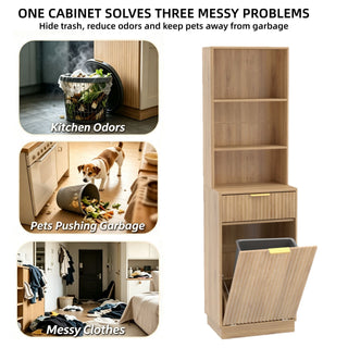 Tall Narrow Fluted Storage Cabinet With Trash Bin Compartment For Kitchen (Trash Can Not Included)