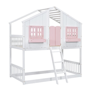 House Bunk Bed With Roof, Window, Window Box, Door, With Safety Guardrails And Ladder