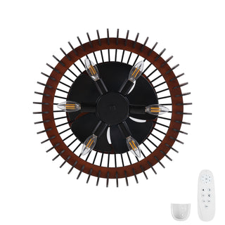 Pumpkin Ceiling Fan, Fandelier With 6 E12 Sockets, Reversible DC Motor, Adjustable Hanging, 6 Speeds Remote Control - Black