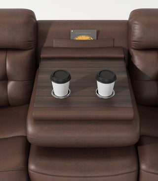 Genuine Non Power Reclining Sofa With Drop Down Table, Stainless Steel Cupholders And Magazine Bag