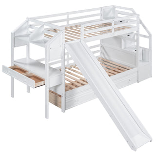 Bunk Bed With Storage Staircase, Slide, Desk, Drawers, And Shelves