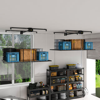 Overhead Garage Storage Rack For High Ceilings, Construction With Safety Lock - Black