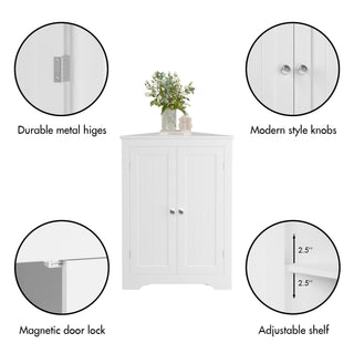 Corner Cabinet With 2 Doors And Adjustable Shelves, Freestanding Narrow Storage Organizer For Bathroom - White
