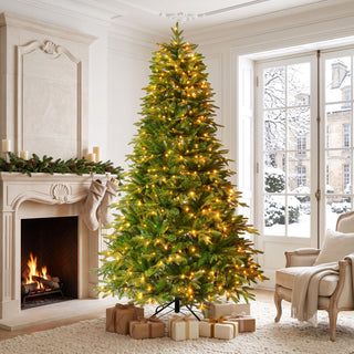 7.5Ft Premium Life Like Full Flocked Christmas Tree With Stand, Fire Resistant Tips, Warm & Colorful LED Lights - Green
