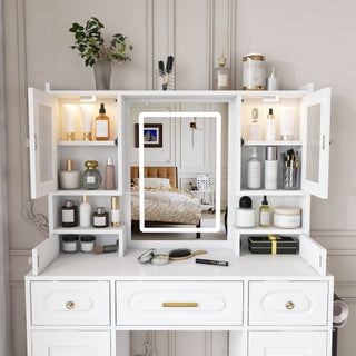 Large Vanity Table Set With Mirror, 6 Drawers & Shelves, Power Socket, Hair Dryer Holder, Cabinet Light, Dressing Desk - White