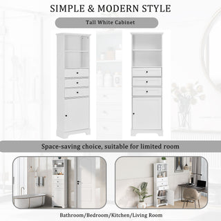 Tall Storage Cabinet With 3 Drawers And Adjustable Shelves For Bathroom