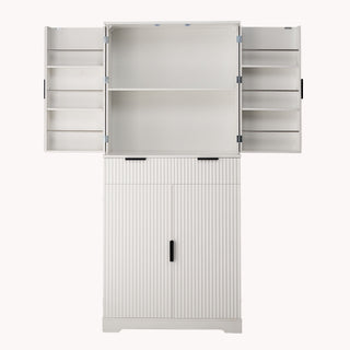 Fluted Kitchen Pantry Cabinet With 3 Keyboard Drawers & 6 Adjustable Door Shelves